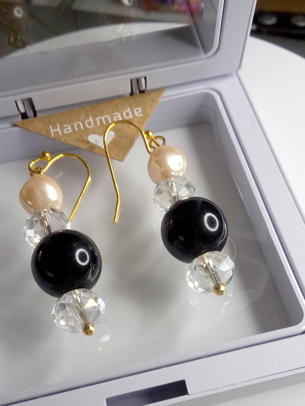 Gold-Plate Hook Earrings with Black and Pearl Beads